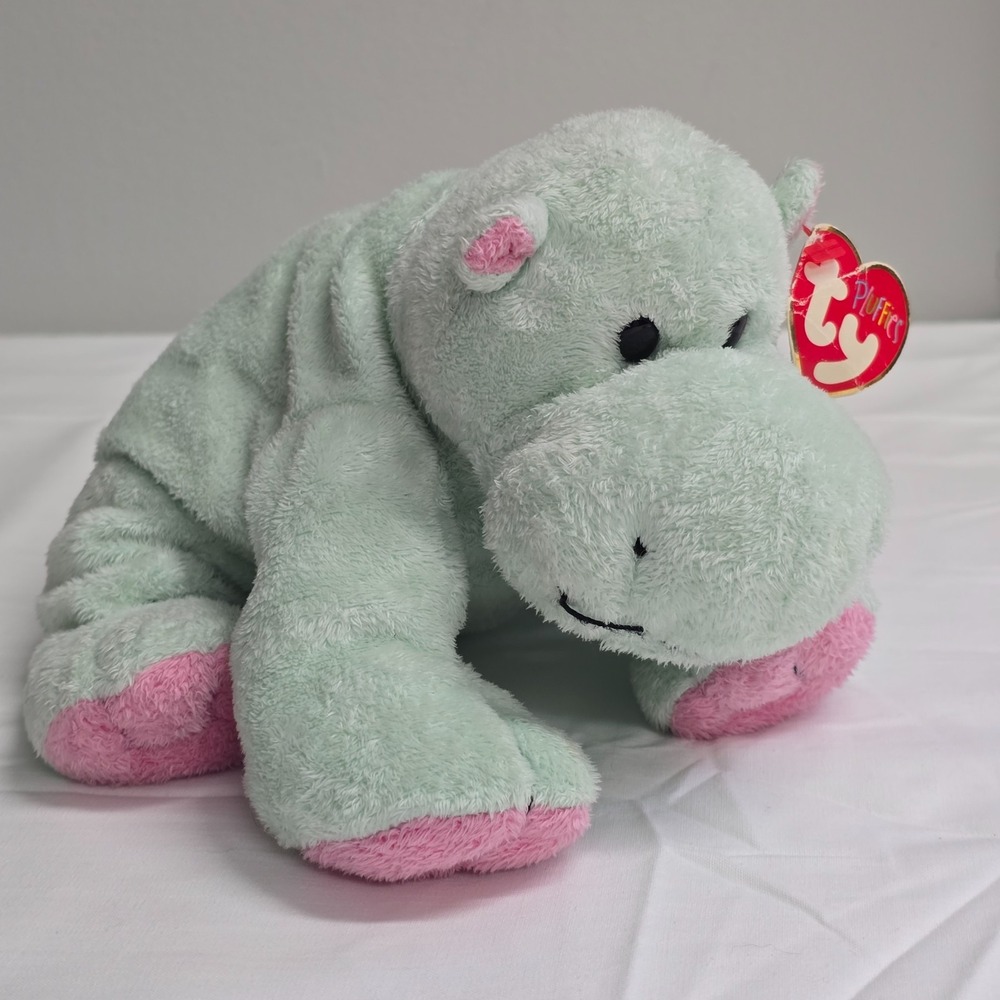 TY Pluffies Tubby Green & Pink Hippo Stuffed Animal Plush Baby Toy Lovey 2002